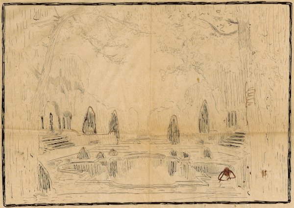Dessin préparatoire d'un fond de décor de théâtre représentant un bassin dans un jardin à la française entouré d'arbres.
