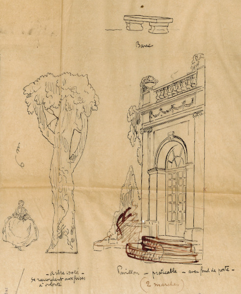 Détails d'un dessin préparatoire de décor de théâtre représentant la silhouette d'un arbre ("arbre isolé"), d'un pavillon et d'un banc.